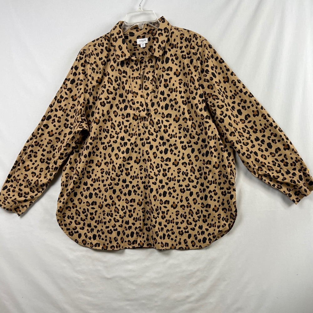 J.Crew Leopard Button Shirt Womens 2X Popover Tan Black Animal Print Cotton